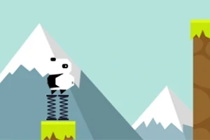 白いキャラクターがスプリングの上に立っていて、背景に山が見えるイラスト。
