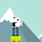 白いキャラクターがスプリングの上に立っていて、背景に山が見えるイラスト。