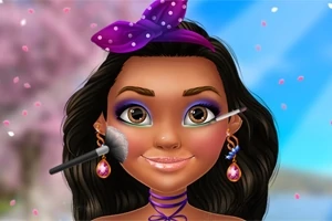 紫色のアイシャドウとリボンをした女性キャラクターのメイクアップシーン。