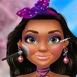 紫色のアイシャドウとリボンをした女性キャラクターのメイクアップシーン。