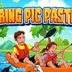 川でカヌーを漕ぐ二人の人物のイラスト。