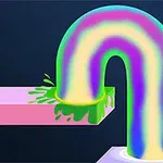 カラフルな虹色のU字型のトンネルから流れる緑色の液体と、星のエフェクトが輝く様子。