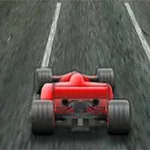 赤いレーシングカーがサーキットを走行している様子。