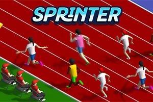 陸上競技場のトラックで走る7人のランナーと観客席に座る審判。