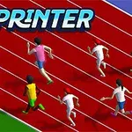 陸上競技場のトラックで走る7人のランナーと観客席に座る審判。