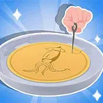 青い背景に、魚が刻まれた円形のクッキーを針で削る手のイラスト。