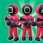 ピンク色の服を着た3人のキャラクターが、それぞれ違う形のマスクを着用し、銃を構えて立っている。