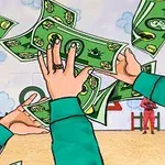 緑色の紙幣を空中で掴もうとする二つの手と、背景に赤い服を着た人物たちがいる。