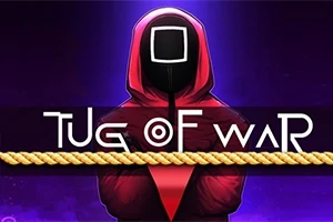 赤いフードを着た黒いマスクの人物が中央に立ち、前に「Tug of War」と書かれた文字とロープがあります。