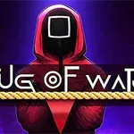 赤いフードを着た黒いマスクの人物が中央に立ち、前に「Tug of War」と書かれた文字とロープがあります。