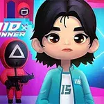 青いジャケットを着たキャラクターと、赤い服を着て銃を持った三角形の顔マスクをしたキャラクターがカラフルな背景の前に立っているイラスト。