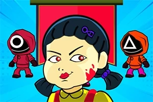 赤い服を着た少女とマスクをした二人のキャラクターが立っているカートゥーンスタイルのイラスト。