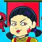 赤い服を着た少女とマスクをした二人のキャラクターが立っているカートゥーンスタイルのイラスト。