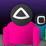 カラフルなピンク、緑、青のロボットのようなキャラクターが、円、三角、四角の図形が頭に描かれた姿。