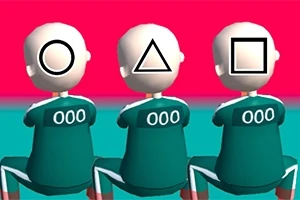 3人のキャラクターが緑の制服を着て座っており、顔に円、三角、四角のシンボルが描かれている。