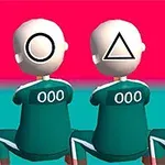3人のキャラクターが緑の制服を着て座っており、顔に円、三角、四角のシンボルが描かれている。