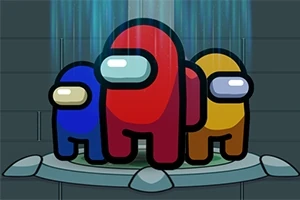 青、赤、黄色の宇宙服を着たキャラクターが円形のプラットフォームに立っているイラスト。