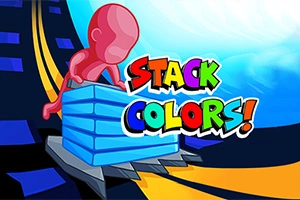 ピンク色のキャラクターが青いブロックを重ねており、カラフルな文字で「STACK COLORS!