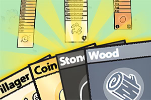 カードが横に並んでおり、「Villager」「Coin」「Stone」「Wood」という名前とイラストが描かれています。