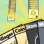 カードが横に並んでおり、「Villager」「Coin」「Stone」「Wood」という名前とイラストが描かれています。