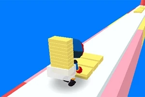 青い背景の上でキャラクターが黄色いブロックを積み上げて運ぶ途中の画像。