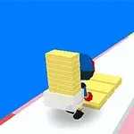 青い背景の上でキャラクターが黄色いブロックを積み上げて運ぶ途中の画像。