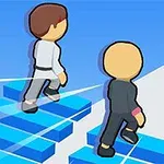 青い階段を登る二人のキャラクターのイラスト。
