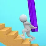 青い背景の中、白いキャラクターが紫色の板を持ちながら黄色い階段を上っている。