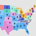 アメリカ合衆国の州ごとに色分けされ、アイコンが配置された地図。
