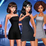 4人の女性が黒と白のドレスを着て並んで立っている未来的な背景のイラスト。