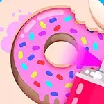 ピンクのアイシングとカラフルなスプリンクルがかかったドーナツの絵がスプレーで塗られている様子。