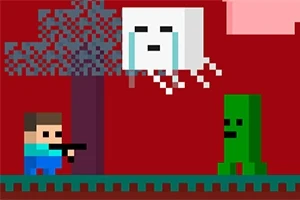 ピクセルアートスタイルのキャラクターが、白い立方体の顔と緑のブロック状の敵の間に立ち、赤い背景の中で銃を持っている。