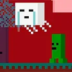 ピクセルアートスタイルのキャラクターが、白い立方体の顔と緑のブロック状の敵の間に立ち、赤い背景の中で銃を持っている。