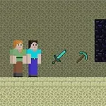 2人のキャラクターが剣とツルハシの隣に立ち、大きな紫色のポータルを見ている。