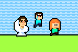 青空と緑の地面を背景に、ドット絵のキャラクターが3人配置されている。