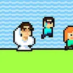 青空と緑の地面を背景に、ドット絵のキャラクターが3人配置されている。
