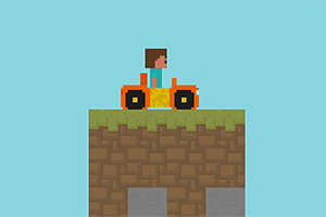 青空の下、緑の草が生えたブロックの上にオレンジ色の車に乗っているキャラクター。