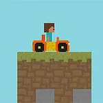 青空の下、緑の草が生えたブロックの上にオレンジ色の車に乗っているキャラクター。