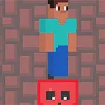 ブロック状のキャラクターがレンガ模様の背景の上で赤いピクセルアートのクリーチャーに乗っている。