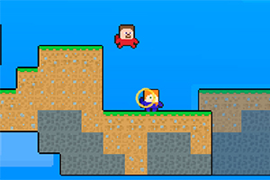 青い背景にあるブロック状の地形の上で赤いキャラクターと黄色い武器を持ったキャラクターがいる。