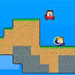 青い背景にあるブロック状の地形の上で赤いキャラクターと黄色い武器を持ったキャラクターがいる。