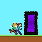 青い背景に、ピクセルスタイルで描かれた2人のキャラクターが、紫色のポータルに向かって走っている。