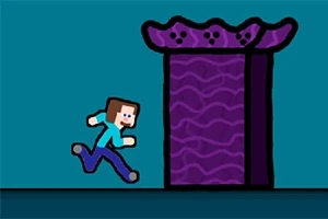 青い背景に、ブロック状のキャラクターが紫色の柱のような構造物に向かって走っているイラスト。