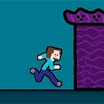 青い背景に、ブロック状のキャラクターが紫色の柱のような構造物に向かって走っているイラスト。