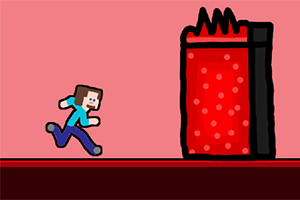 ドット絵スタイルのキャラクターが赤い背景で赤い障害物に向かって走っている。