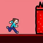ドット絵スタイルのキャラクターが赤い背景で赤い障害物に向かって走っている。