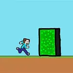青空の下、キャラクターが緑色のポータルに向かって走っているイラスト。