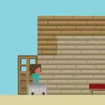 青空の下、木製の家とドアの前に立つキャラクター。