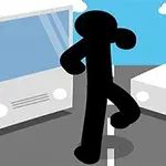 黒いスティックフィギュアが道路を横断している様子で、左右に白い車が描かれている。