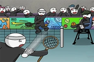 白いキャラクターがテニスの試合をしているマンガ風のイラスト。